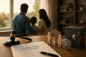 Estate planning for minor children in India showing parents with a young child, a Will, family trust, guardian and trustee planning, and inheritance protection. Illustration representing protecting child inheritance in India through a legally structured Will and trust for children in India.