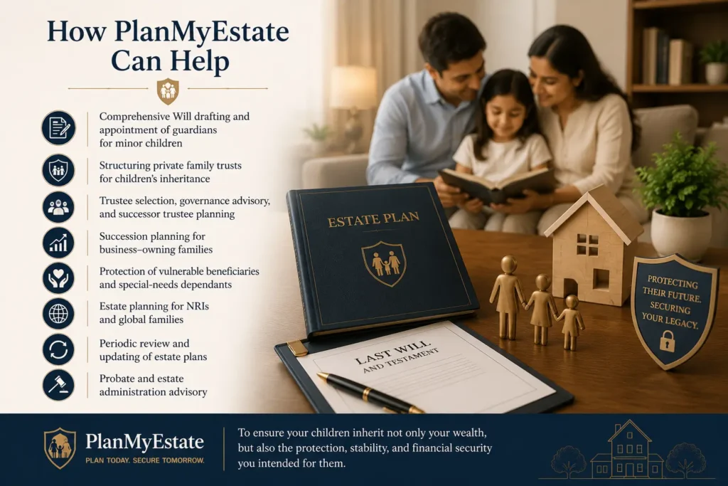 Parents and child reviewing an estate plan with inheritance documents, symbolising estate planning for minor children in India, private family trust for children's inheritance, guardian appointment, trustee planning, Will drafting, succession planning, and long-term financial security for children.
