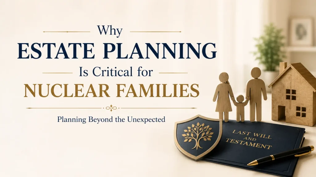 Illustration of a nuclear family with a child, family home, Will, and estate planning symbols representing estate planning for nuclear families in India, protecting minor children, guardian planning, child inheritance protection, family wealth succession, and financial security through a legally structured Will and trust.